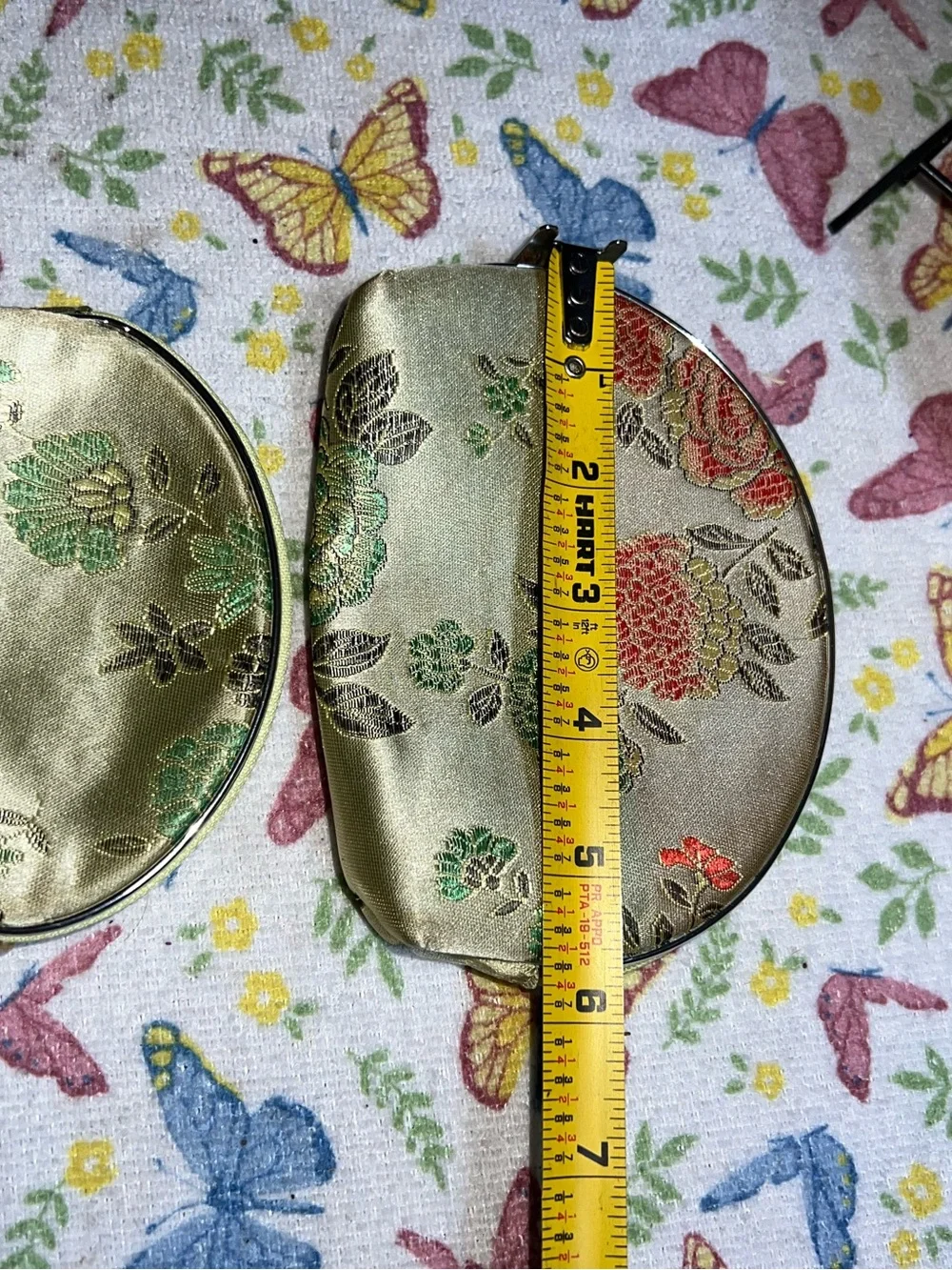Zipper Pouch Cosmetic Makeup Bag Set Floral Embroidered Gold Satin